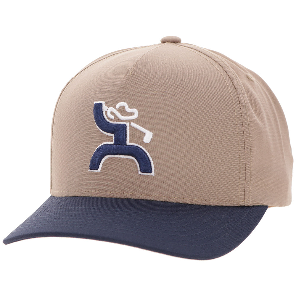 Hooey Classic Tan Blue Golf Logo Hat front angled view in tan and navy with embroidered logo
