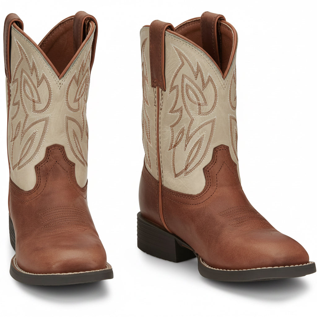 Justin Canter Junior Boot pair in brown leather with cream stitched shaft