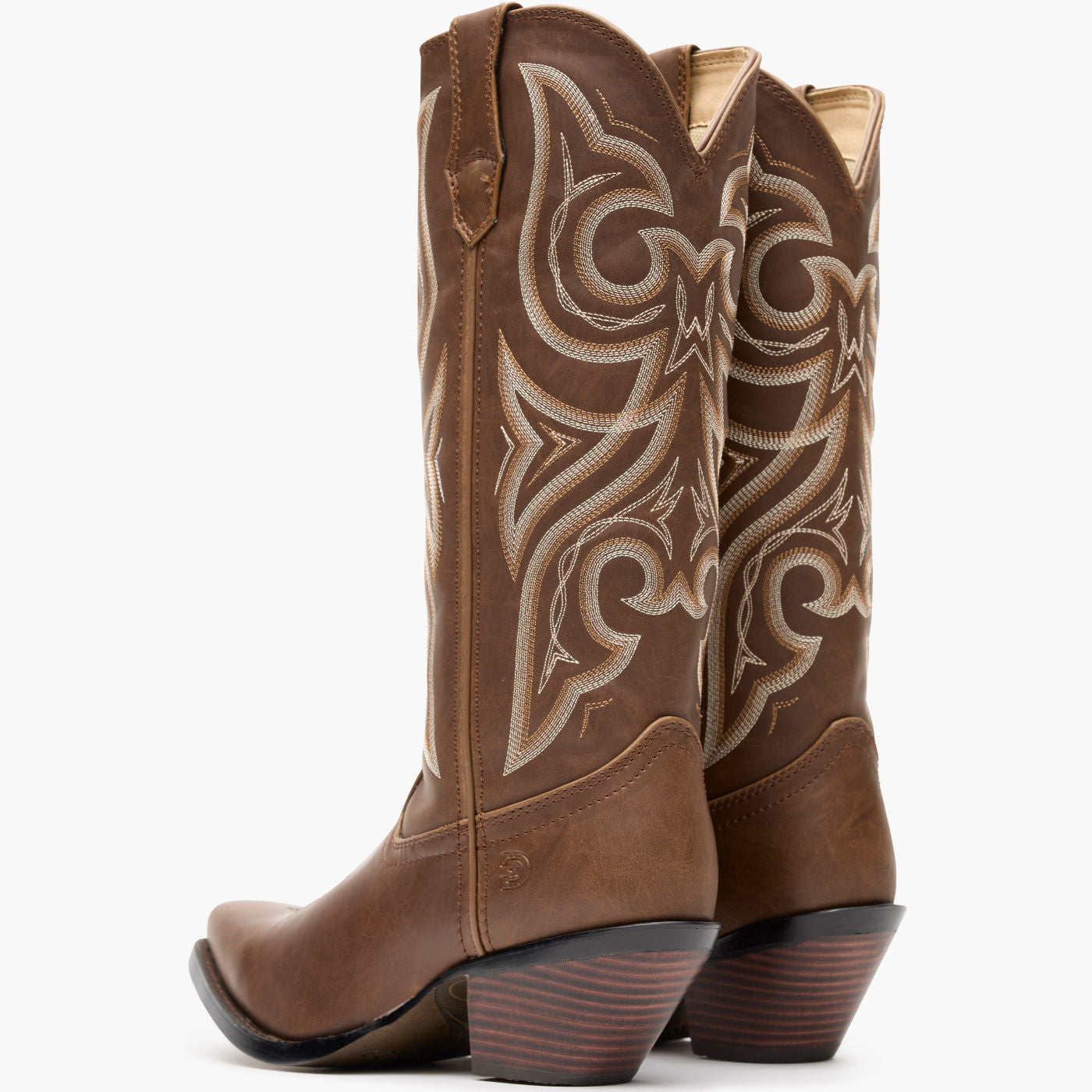 Pair of Crush by Durango Milk Chocolate Western Boot back view with stitched shaft detail
