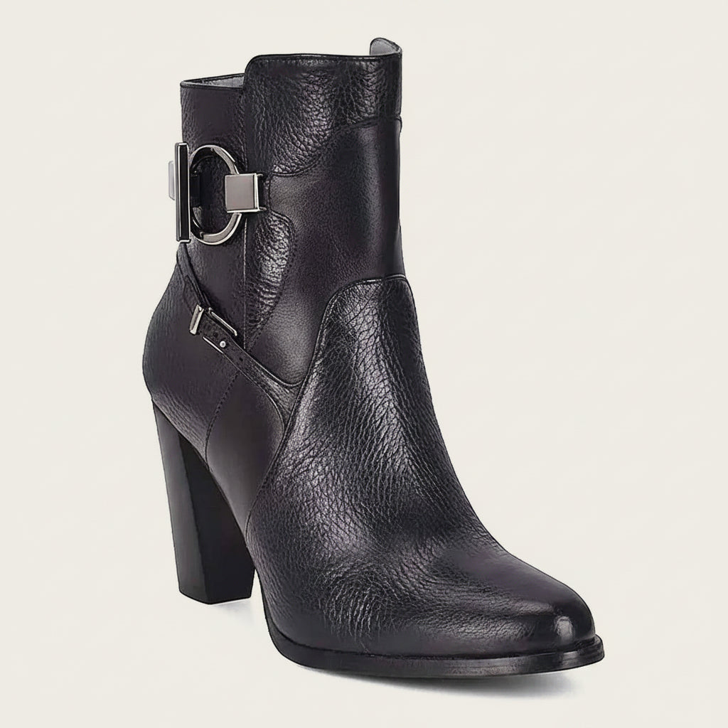 Cuadra Black Deer Ankle Bootie side view in black leather with buckle detail