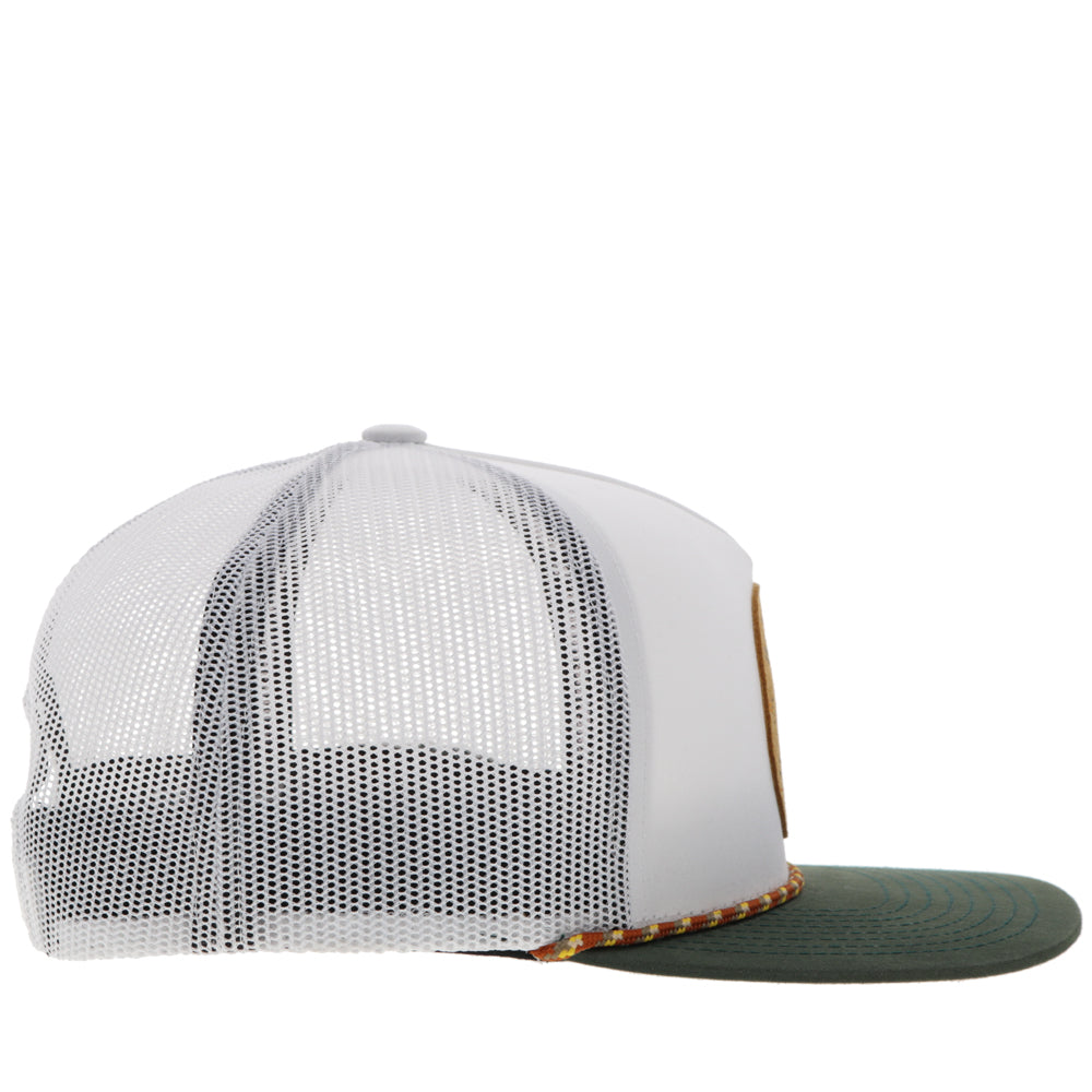 Hooey Spur White Leather Patch Hat side view in white and green