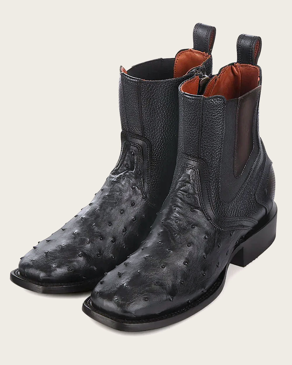 Black Ostrich Zipper & Elastic Square Toe Boot