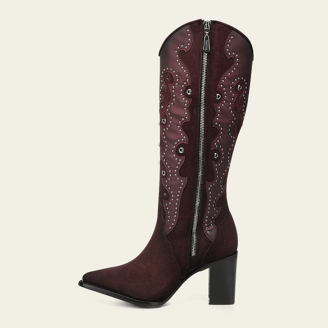 Cuadra Wine Crystal Studded Pointed Toe Boot side view in wine leather