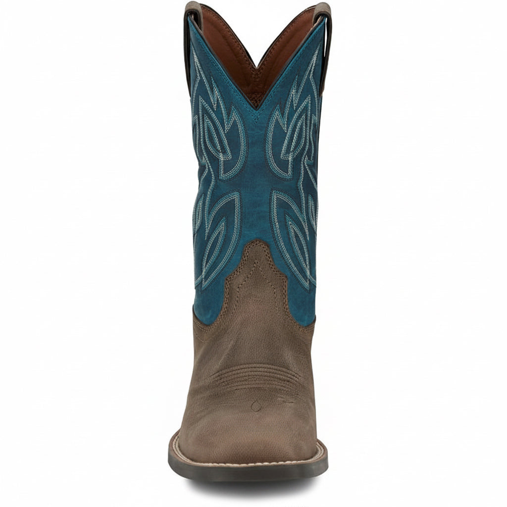 Justin Canter 11 inch Western Boot front view with blue shaft and pull tabs