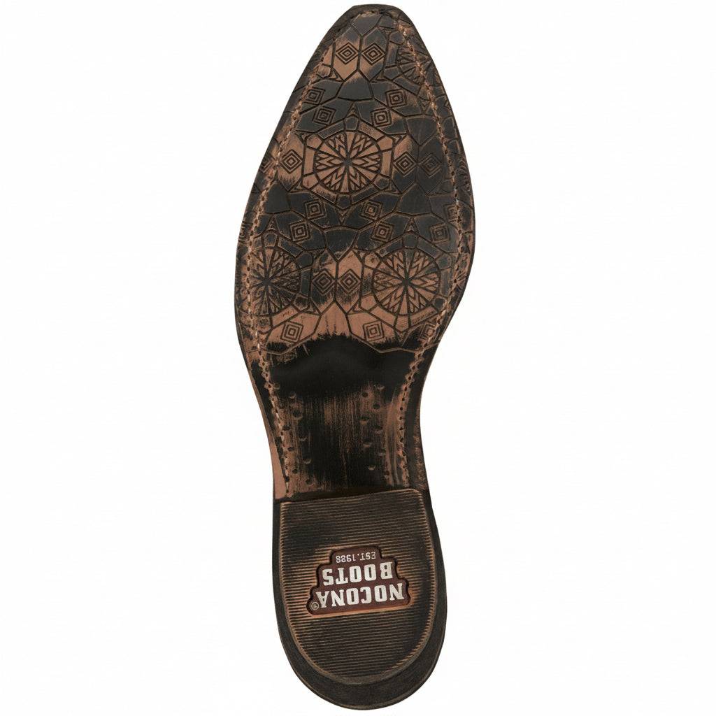 Outsole view of Nocona Carlita Cognac Snake Print Snip Toe Boots showing sole detail