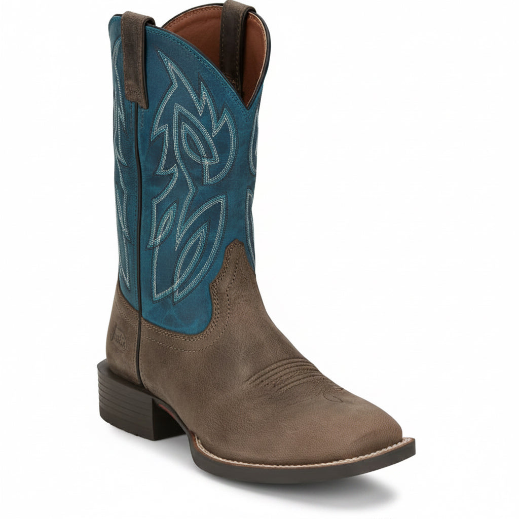 Justin Canter 11 inch Western Boot angled side view in brown and blue leather