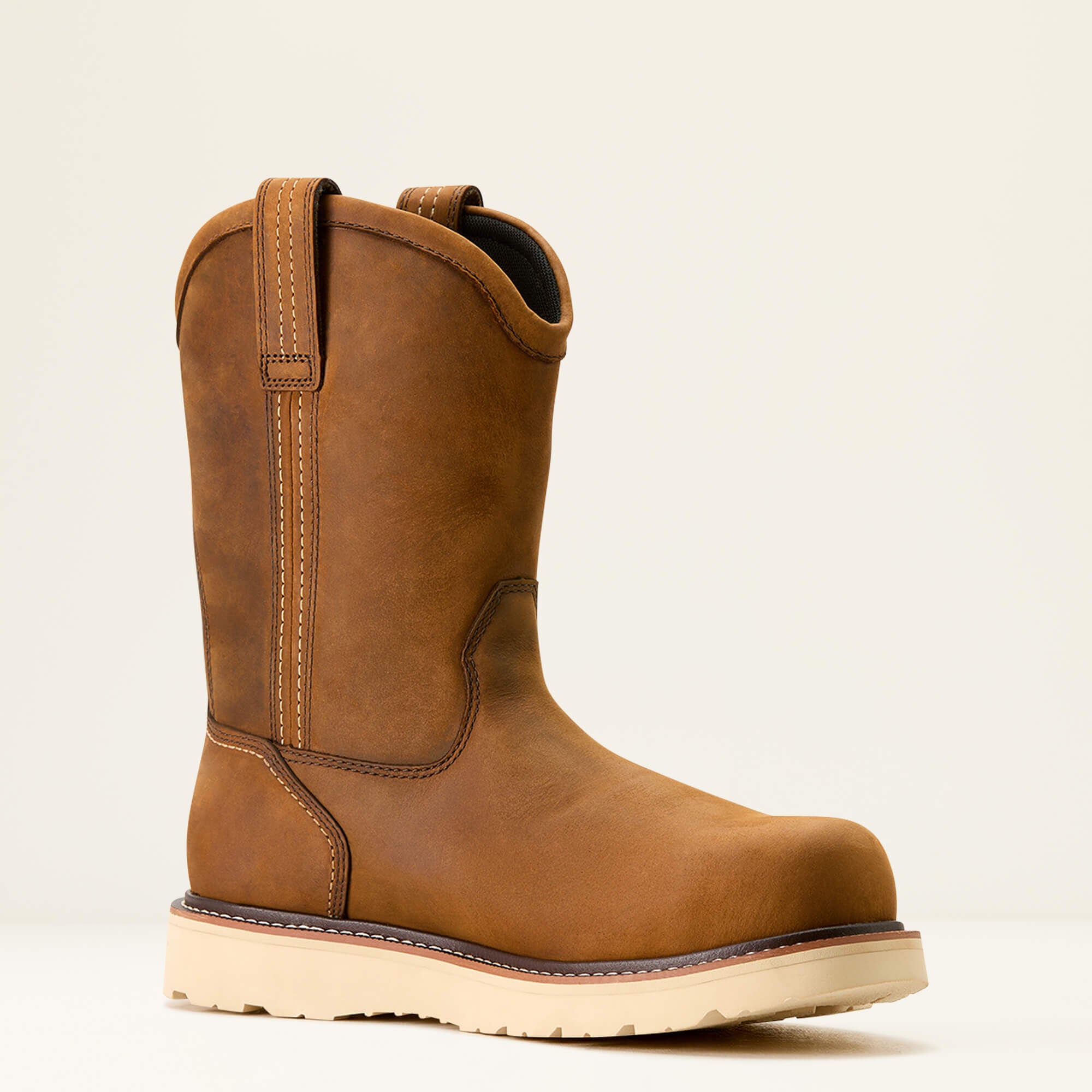 Ariat Rebar Wedge Pull-On Waterproof Composite Toe Work Boot angled side view in brown leather