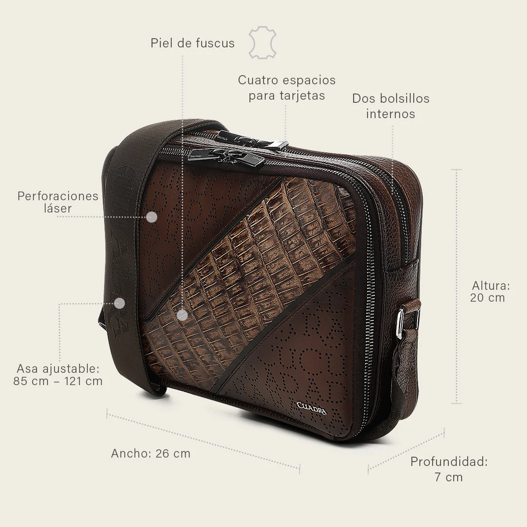 Angled front view of Cuadra Brown Caiman Zipper Bag with dimensions of textured front panel