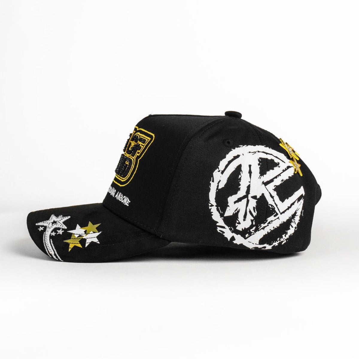 Side view of Bigg Boss One Of Akind Gold Hat showing embroidered side detail