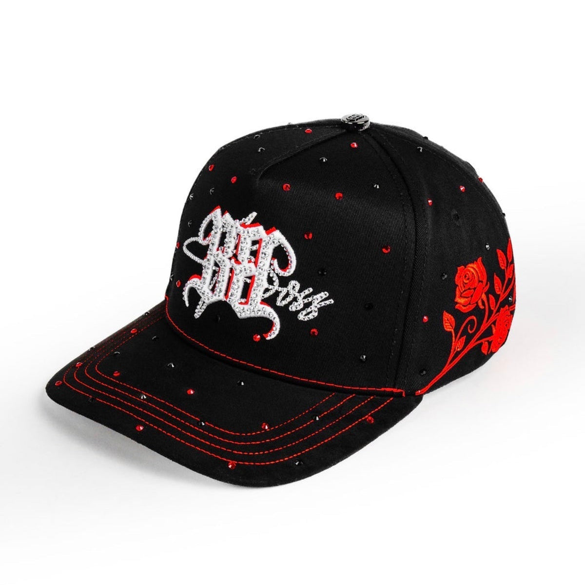 Top angled side view of Bigg Boss Bb Rose Red Hat in black and red