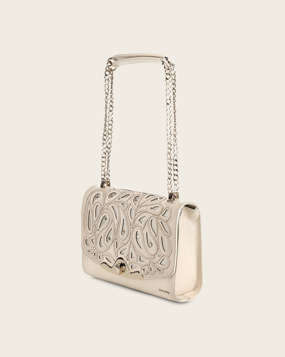 Cuadra Women’s Beige Bovine Leather Shoulder Bag Clutch angled front view in beige leather