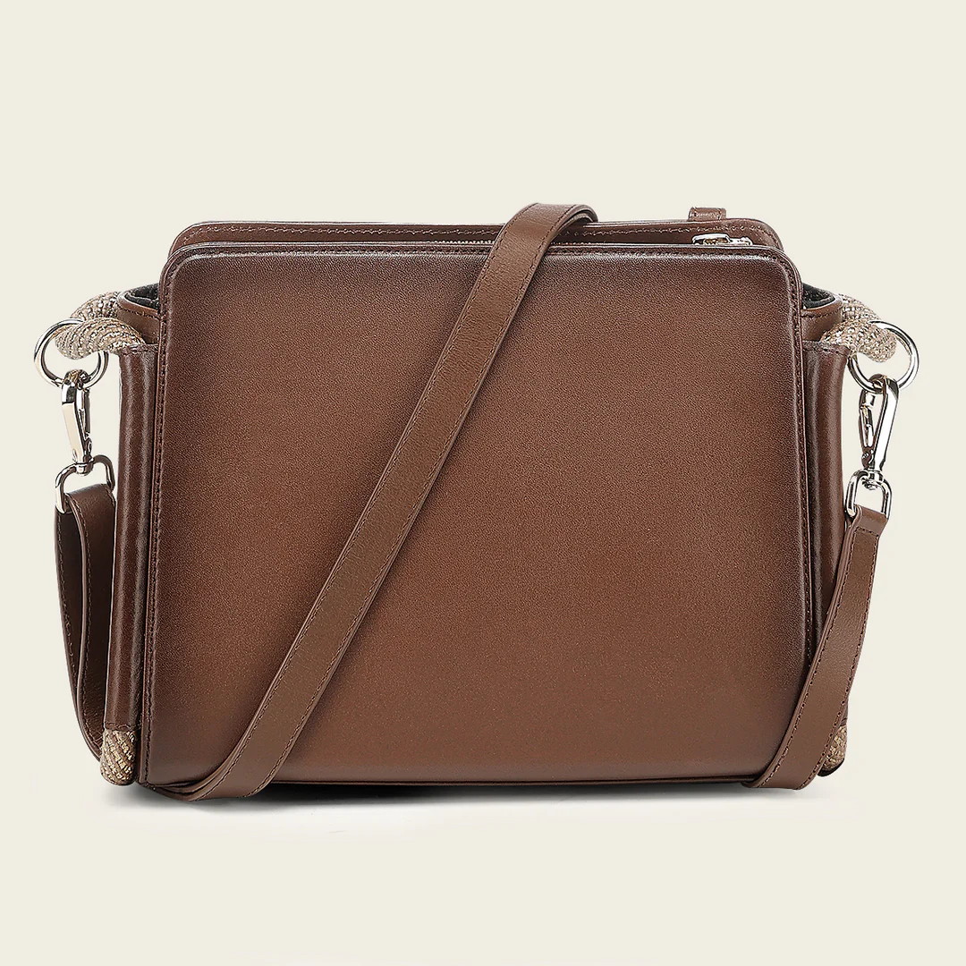 Back view of Cuadra Honey Embroidery Bag in brown leather