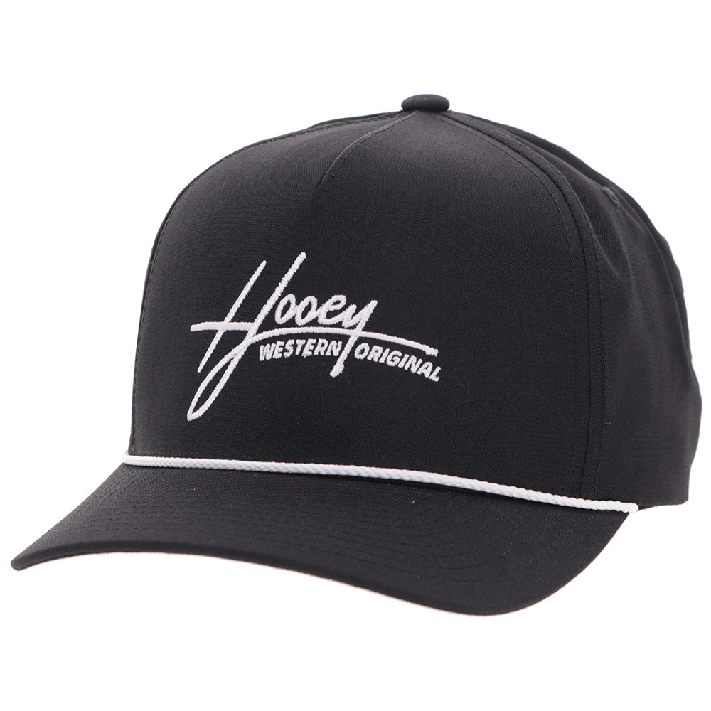 Hooey Mark Out Black White Stitching Hat front angled view in black with white script logo
