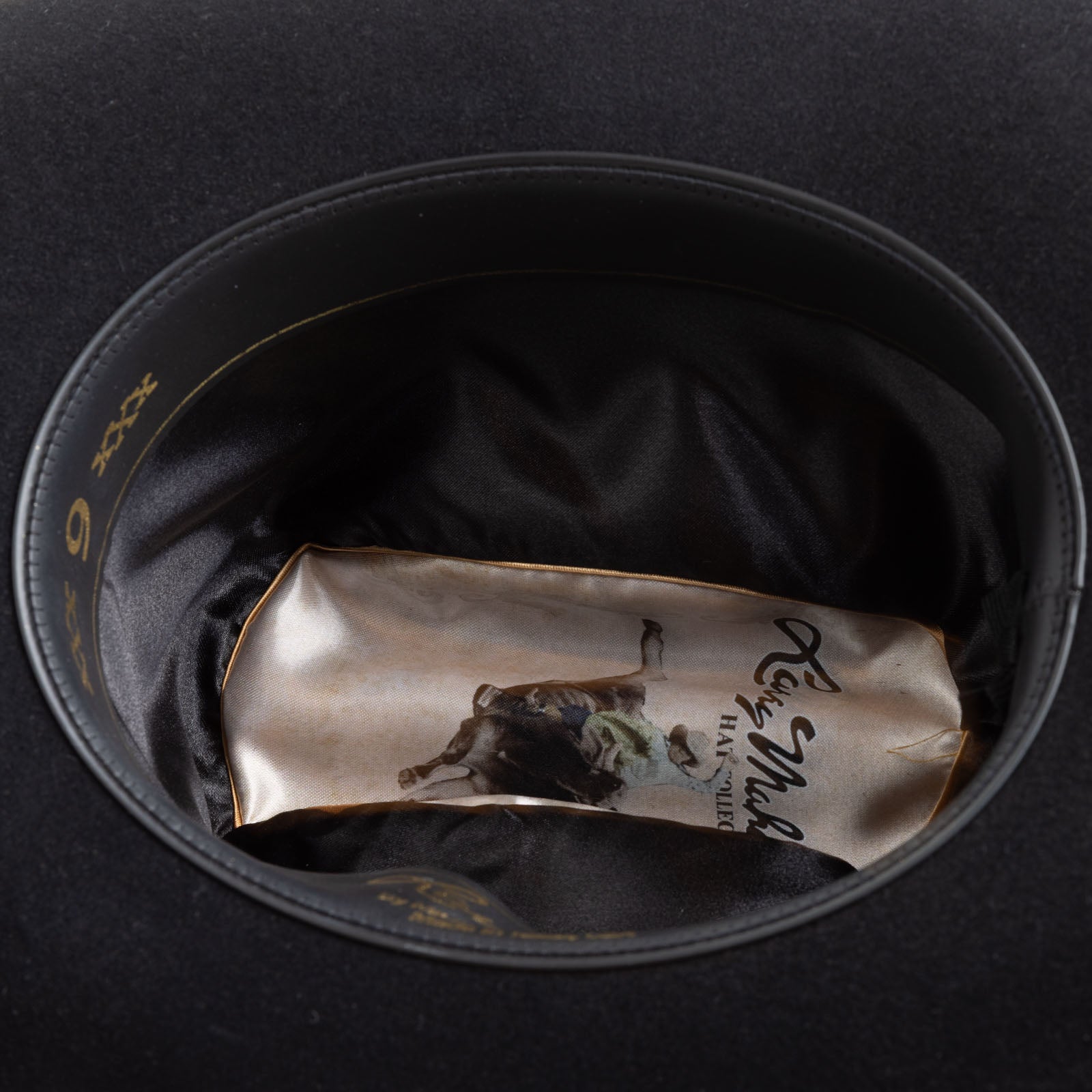 Interior view of Larry Mahan 6X Real Black Fur Felt Western Hat showing sweatband and lining