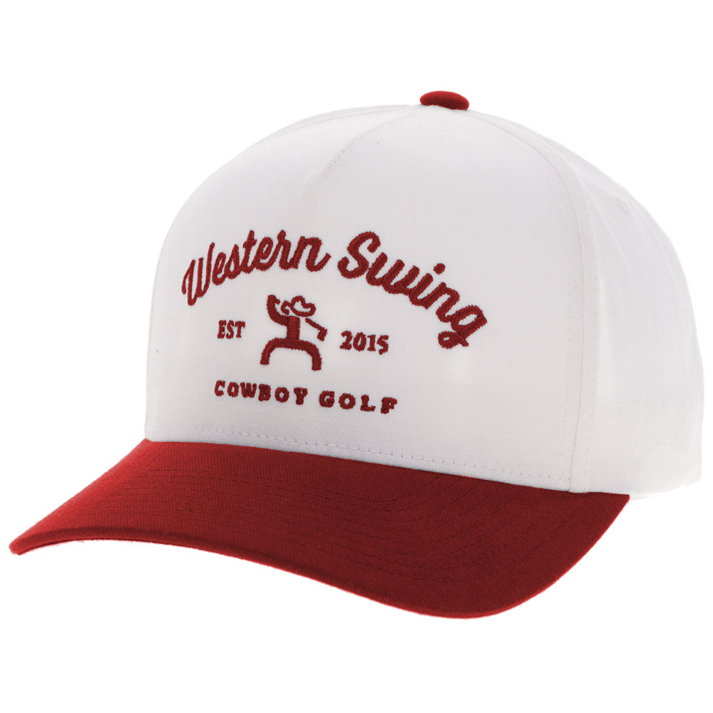 Hooey Western Swing White Red Embroidered Logo Hat front angled view in white and red