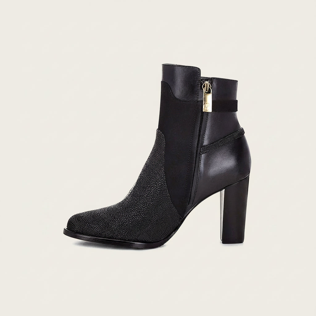 Cuadra Black Stingray Ankle Bootie side view in black leather with buckle detail