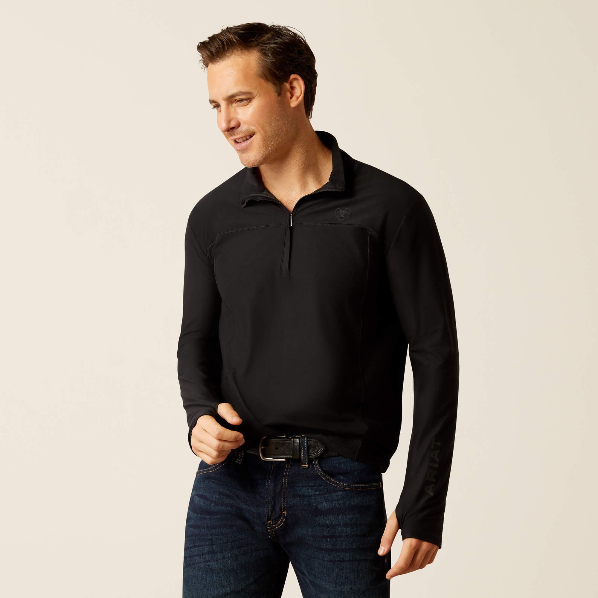 Ariat Lowell 3.0 1/4 Zip Baselayer front view on model in black