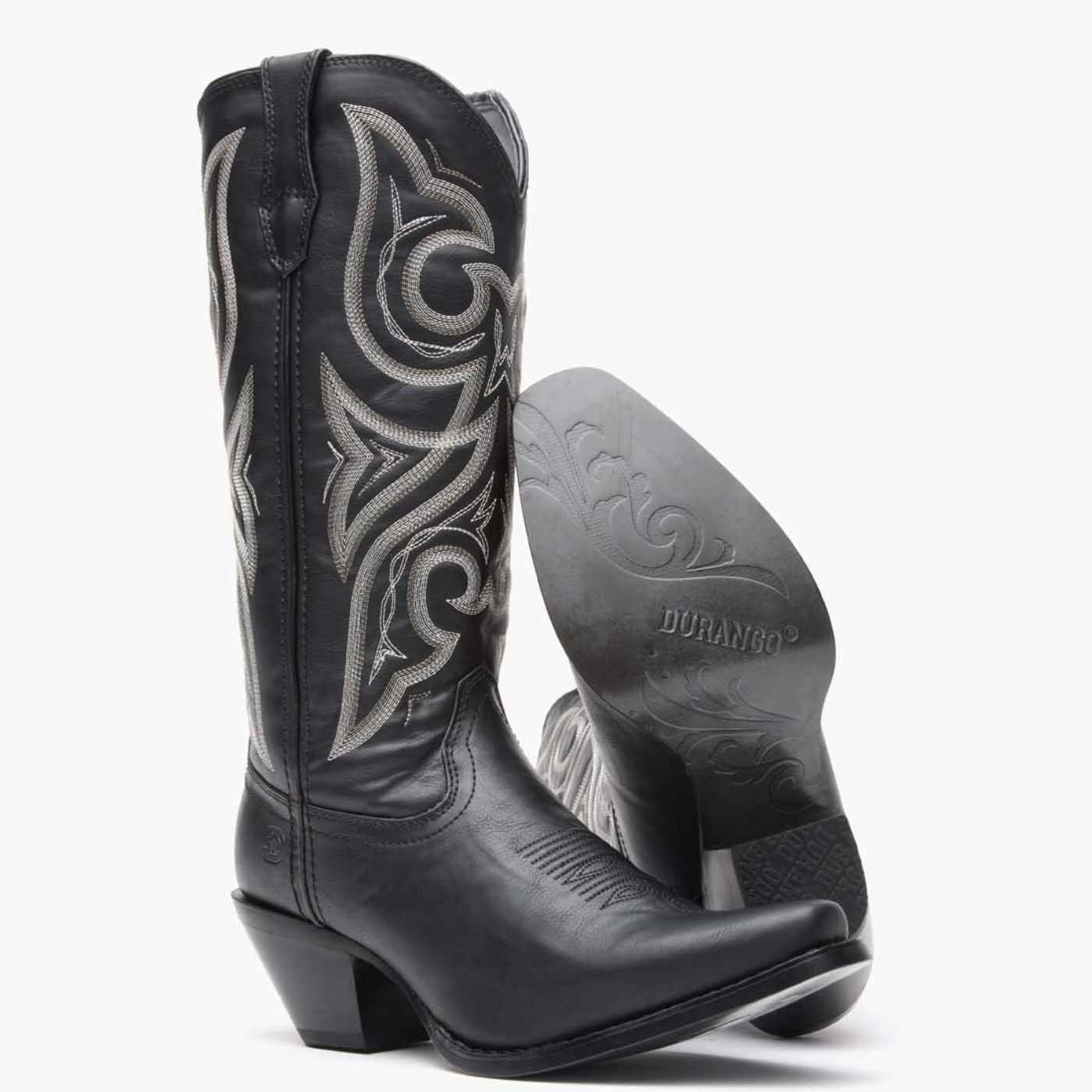 Pair of Crush by Durango Black Beauty Western Boot angled side view and outsole in black leather