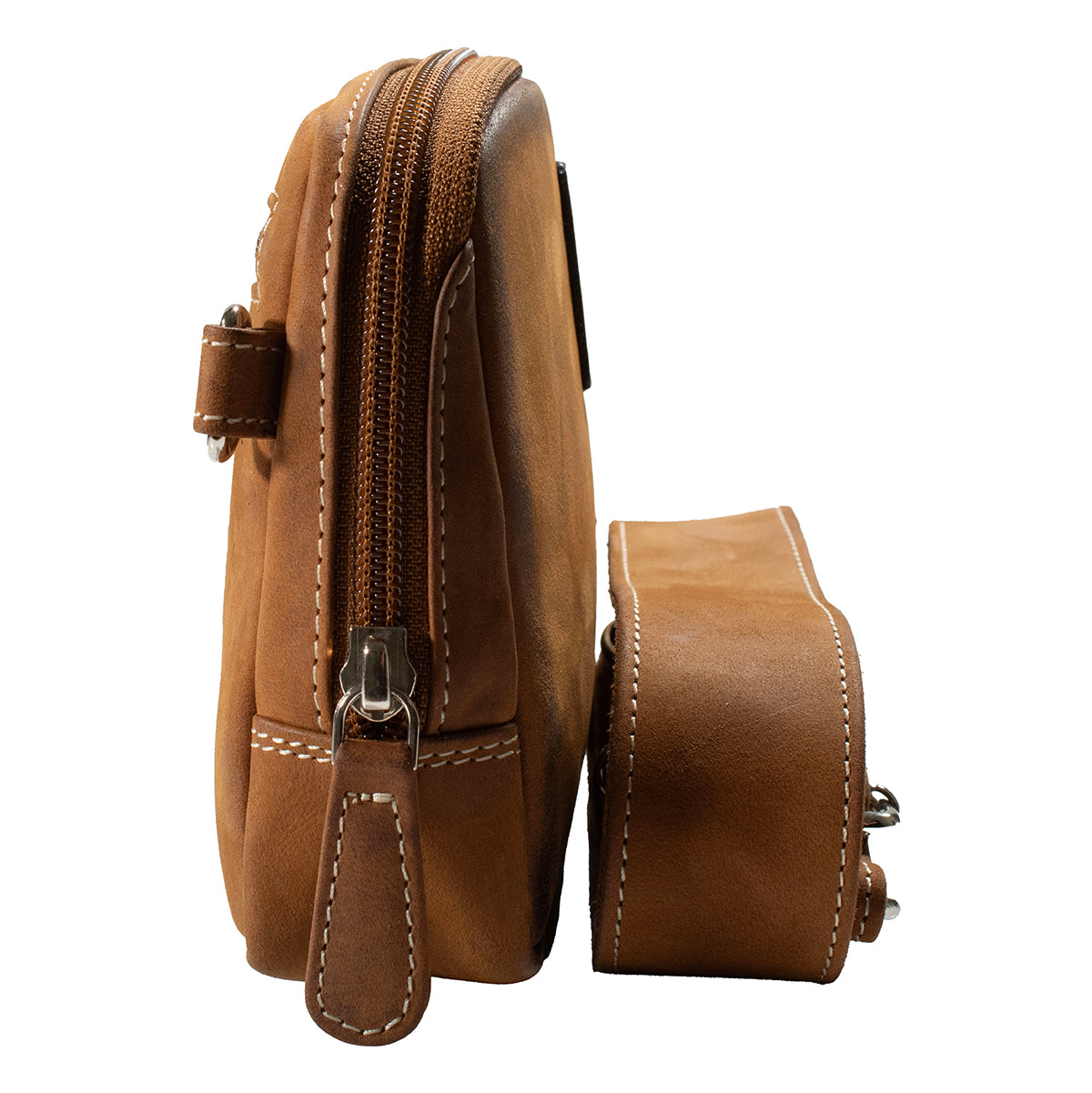 Side profile of Ariat Gwen Brown Style Belt Bag with zipper closure