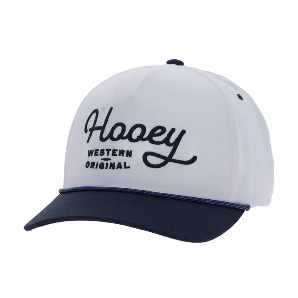 Hooey OG 5-Panel Trucker Cap front view in white and navy with script logo