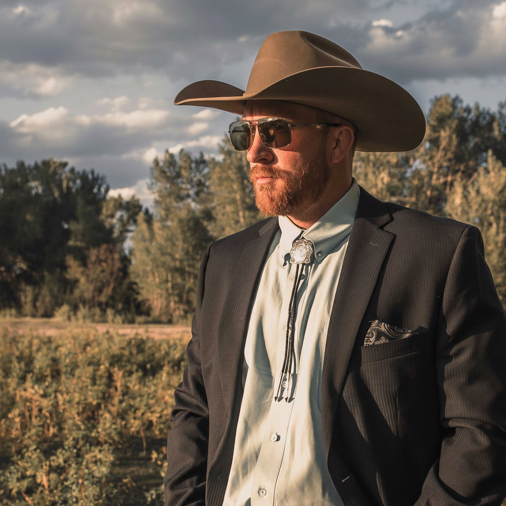 Man wearing the Montana Silversmiths Scalloped Square Bolo Tie with Western outfit