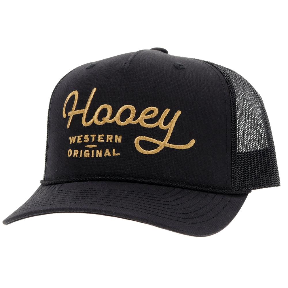 Hooey OG Black Gold Stitching Hat front angled view in black with gold embroidered logo