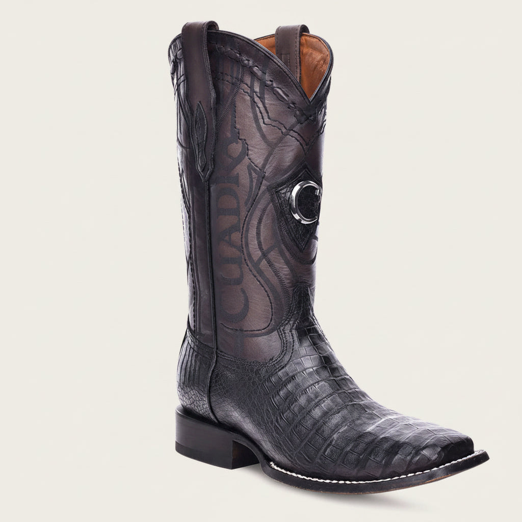 Cuadra Engraved Cayman Western Boot side view in dark leather with engraved shaft detail