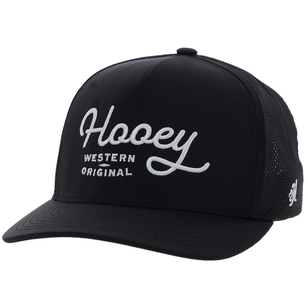 Hooey OG Black White Stitching Hat front angled view in black with white script logo
