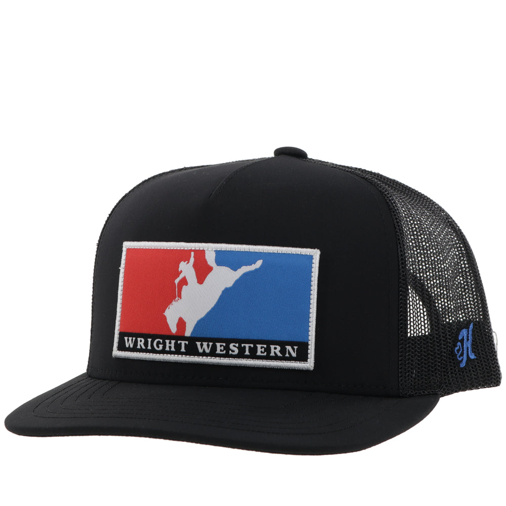 Hooey Wright Brothers Black Red and Blue Patch Hat front angled view in black with red and blue patch