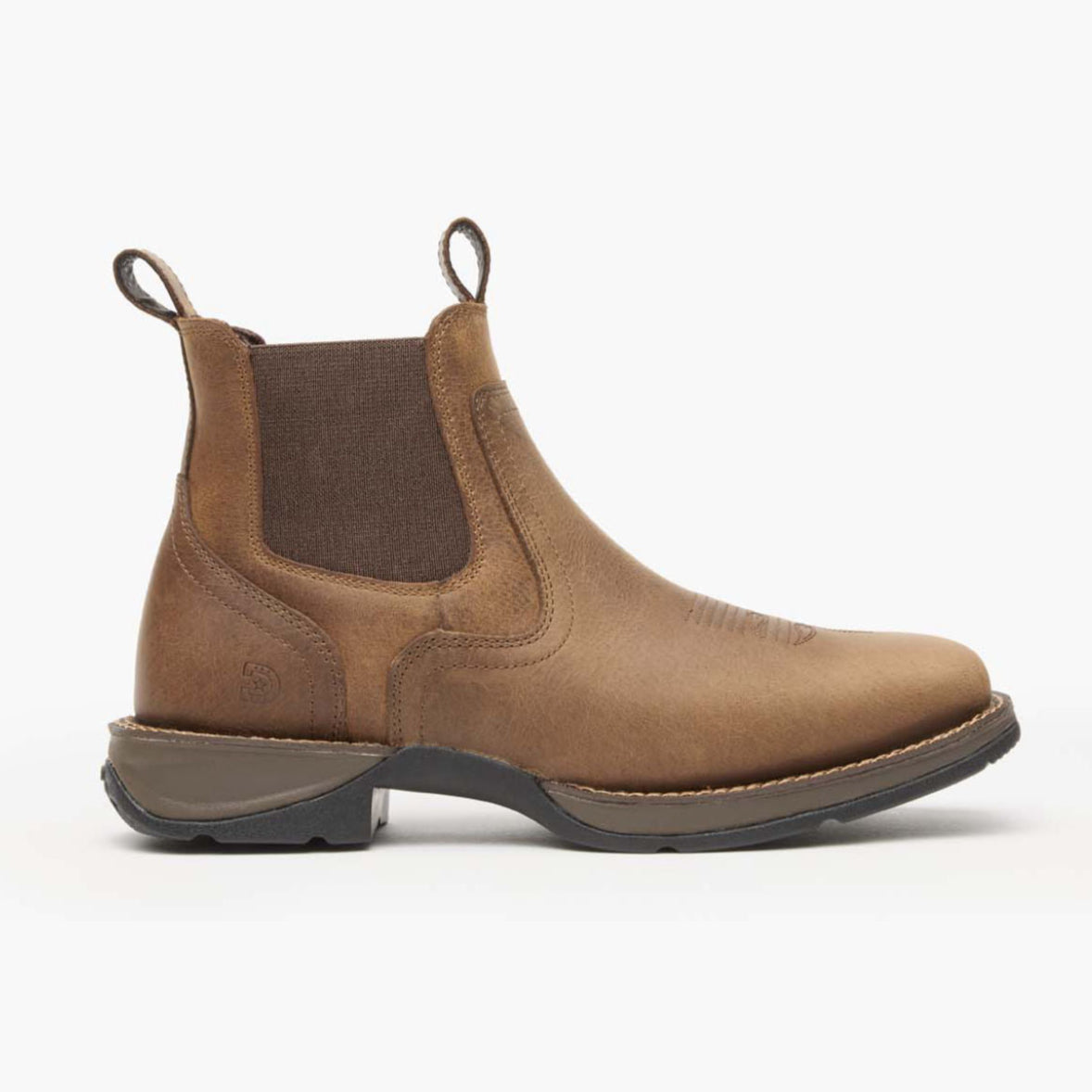 Durango Red Dirt Rebel Chelsea Boot angled side view in brown leather