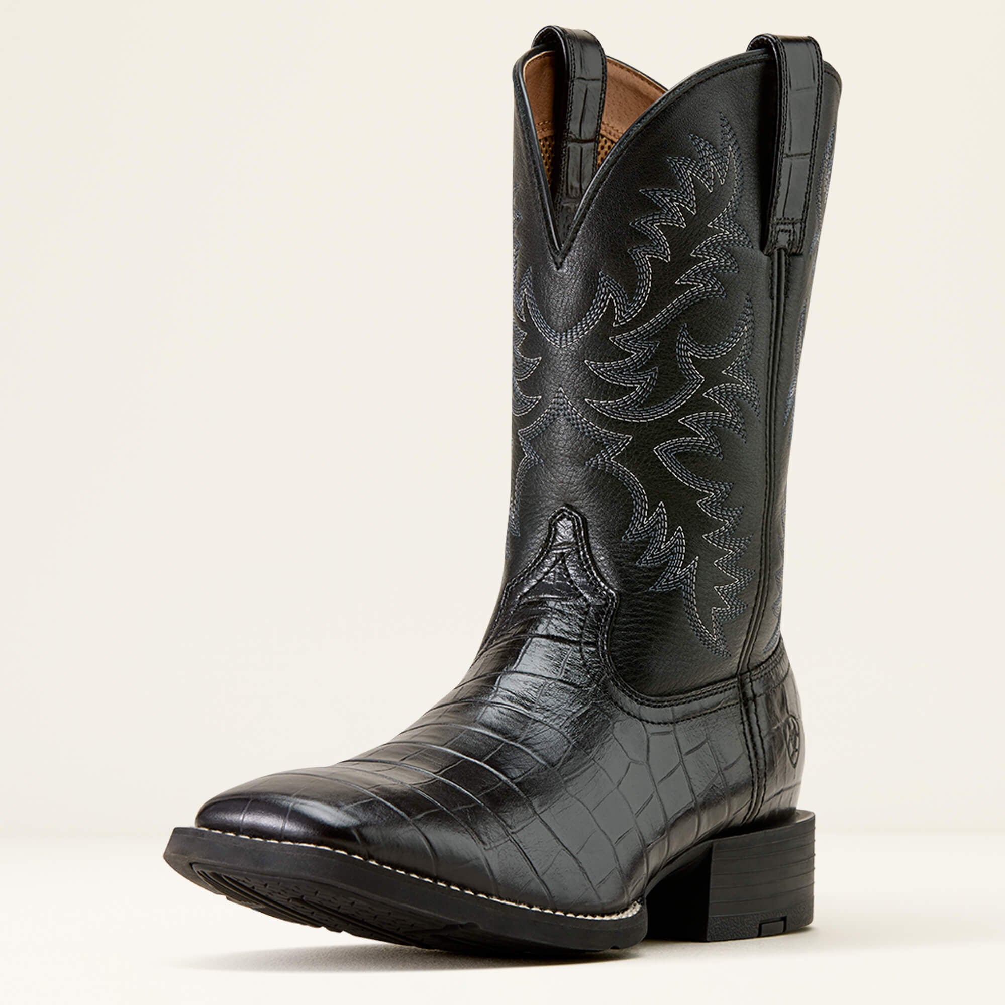 Ariat Sport Latigo Wide Square Toe Cowboy Boot angled side view in black