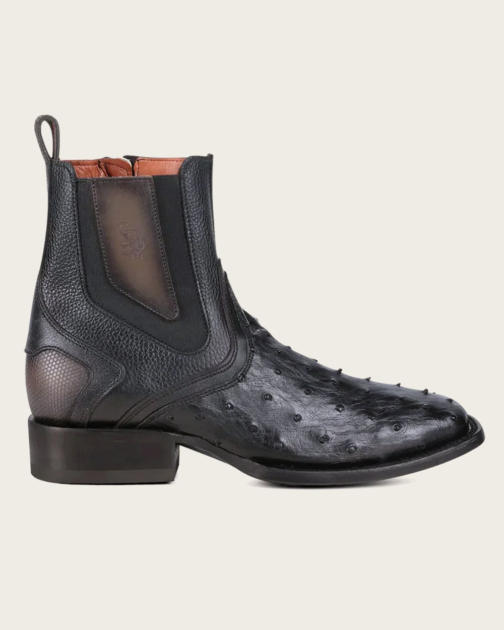 Black Ostrich Zipper & Elastic Square Toe Boot