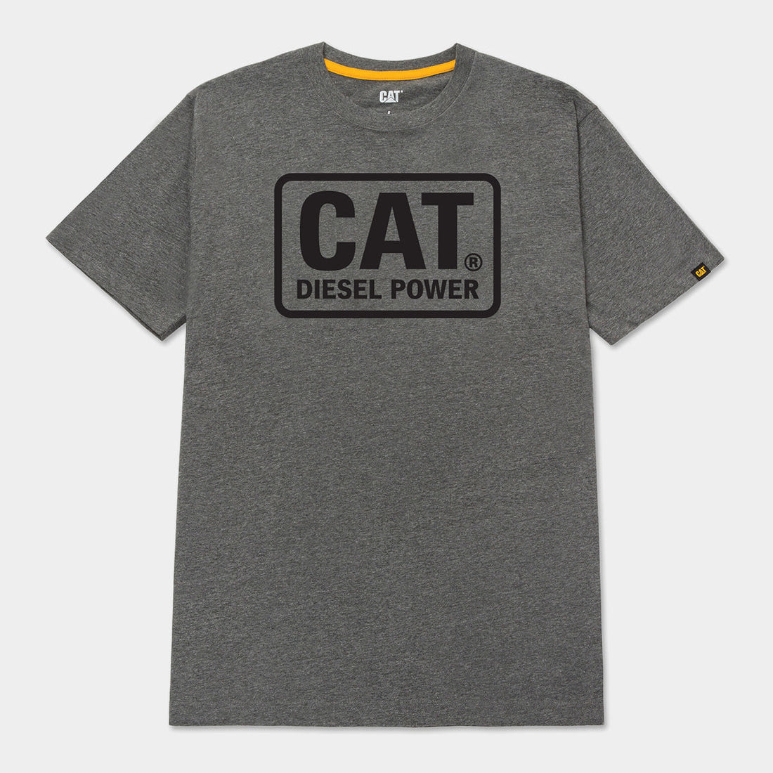 CAT Diesel Power dark heather gray short sleeve T-shirt for men with front logo graphic