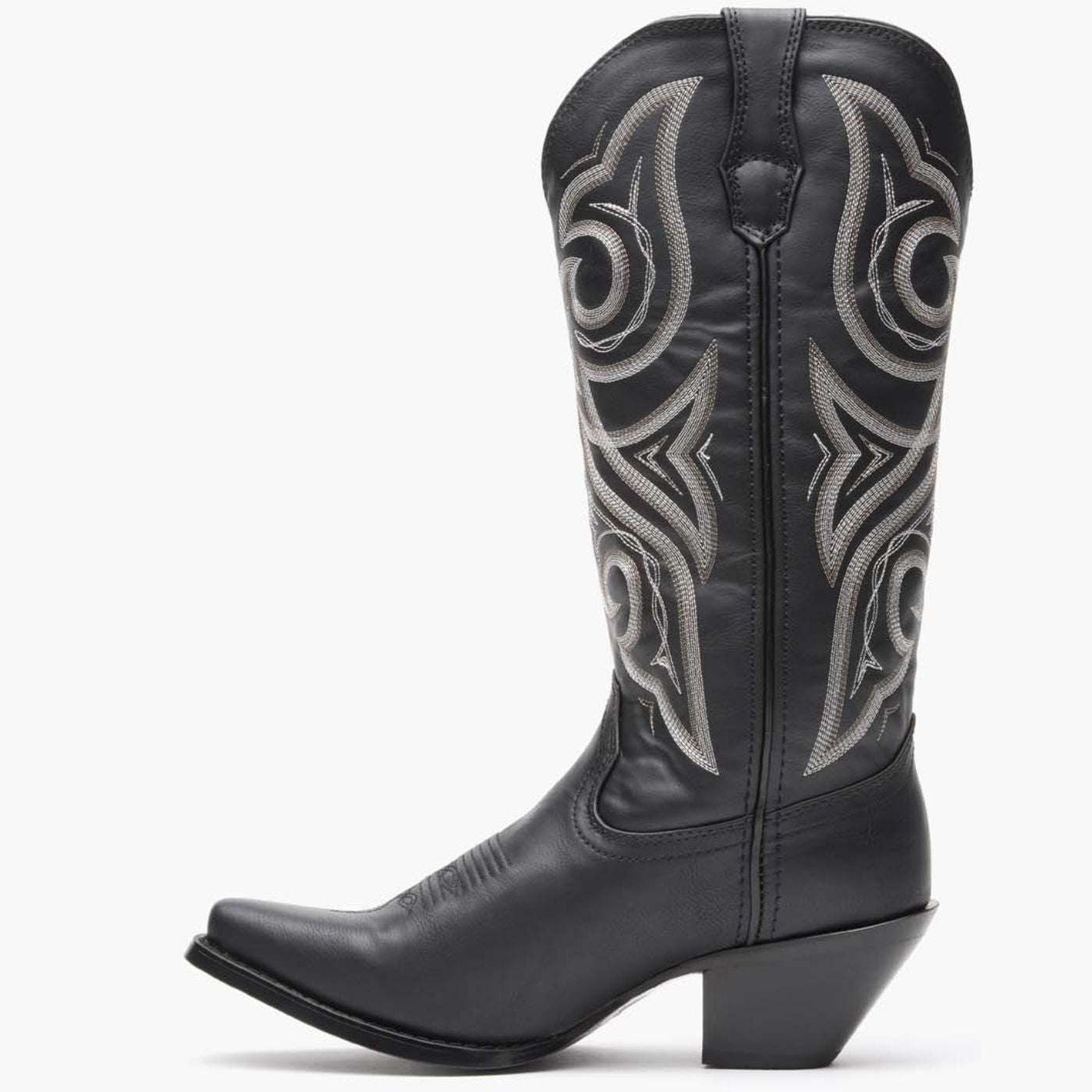 Crush by Durango Black Beauty Western Boot side view in black leather with embroidered shaft