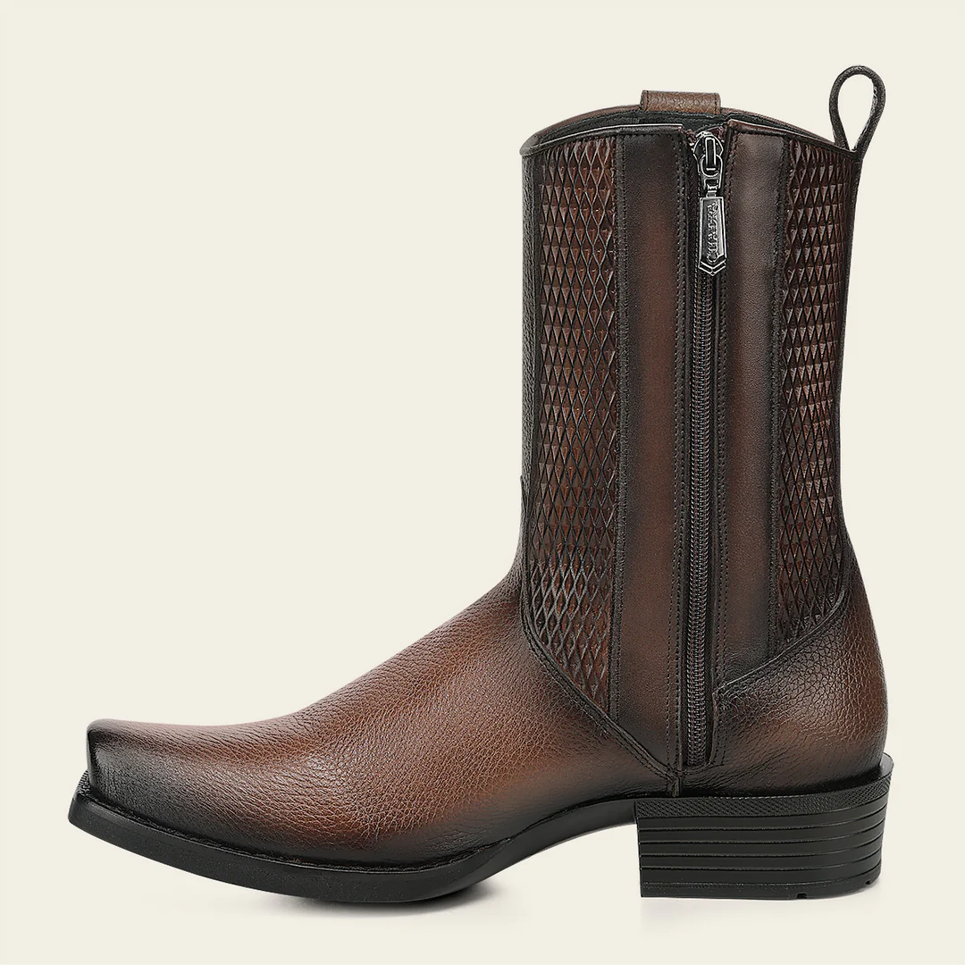 Cuadra Men’s Honey Deer Embroidery and Lazer Narrow Square Toe Boot side view in honey brown leather
