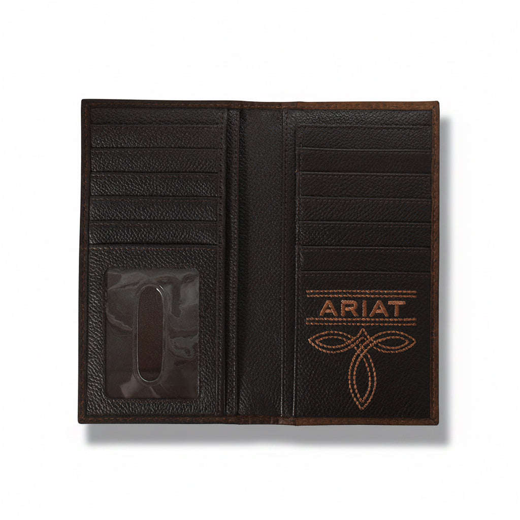 Open view of Ariat Rodeo Mexico Flag Logo Wallet showing interior card slots and bill compartment