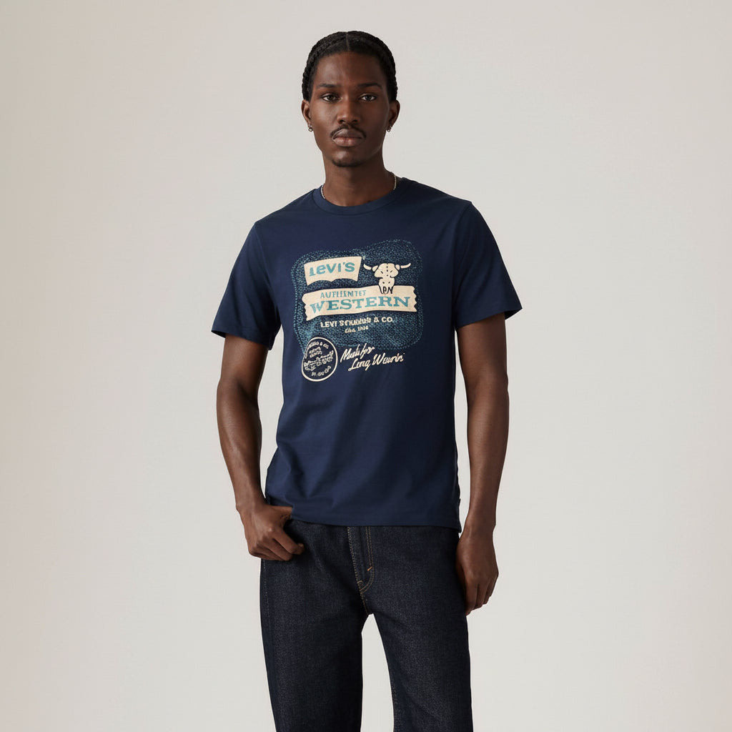 Levi’s Standard Fit Short Sleeve Logo Crewneck T-Shirt front view on model in blue