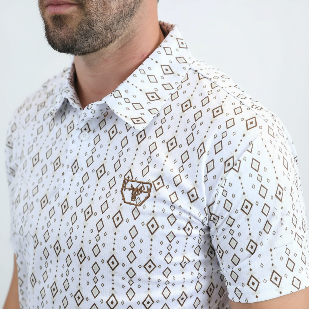 Mens Performance Fabric Modern Fit Stretch Aztec Print White Polo