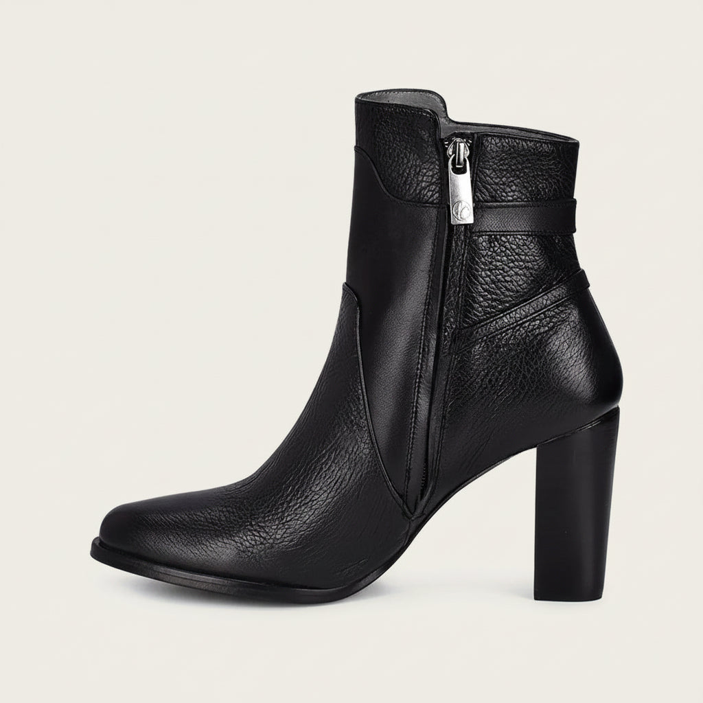 Cuadra Black Deer Ankle Bootie angled side view in black leather