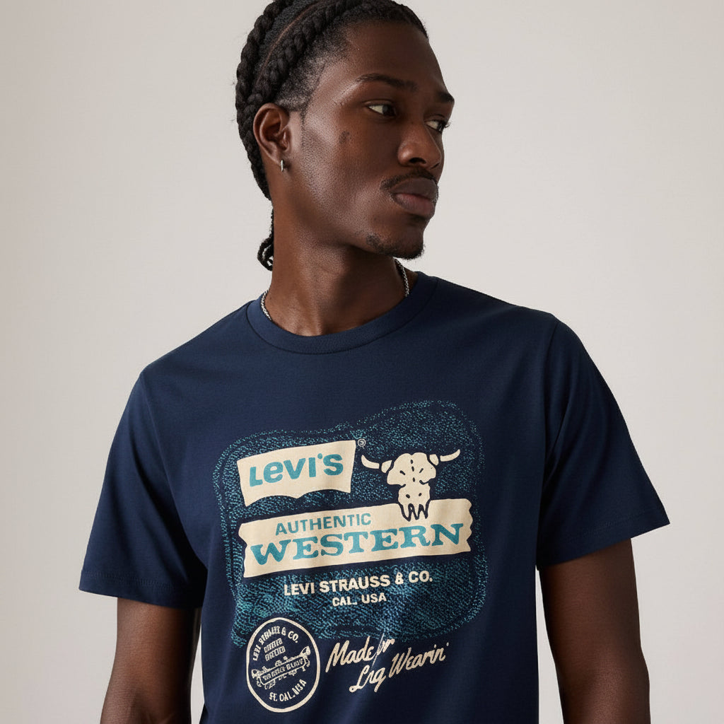 Close-up front view of Levi’s Standard Fit Short Sleeve Logo Crewneck T-Shirt on model in blue