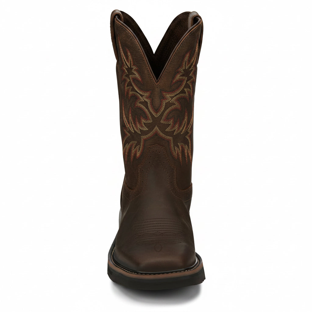 Front view of Justin Driller 11 Inch Work Boot pair in brown