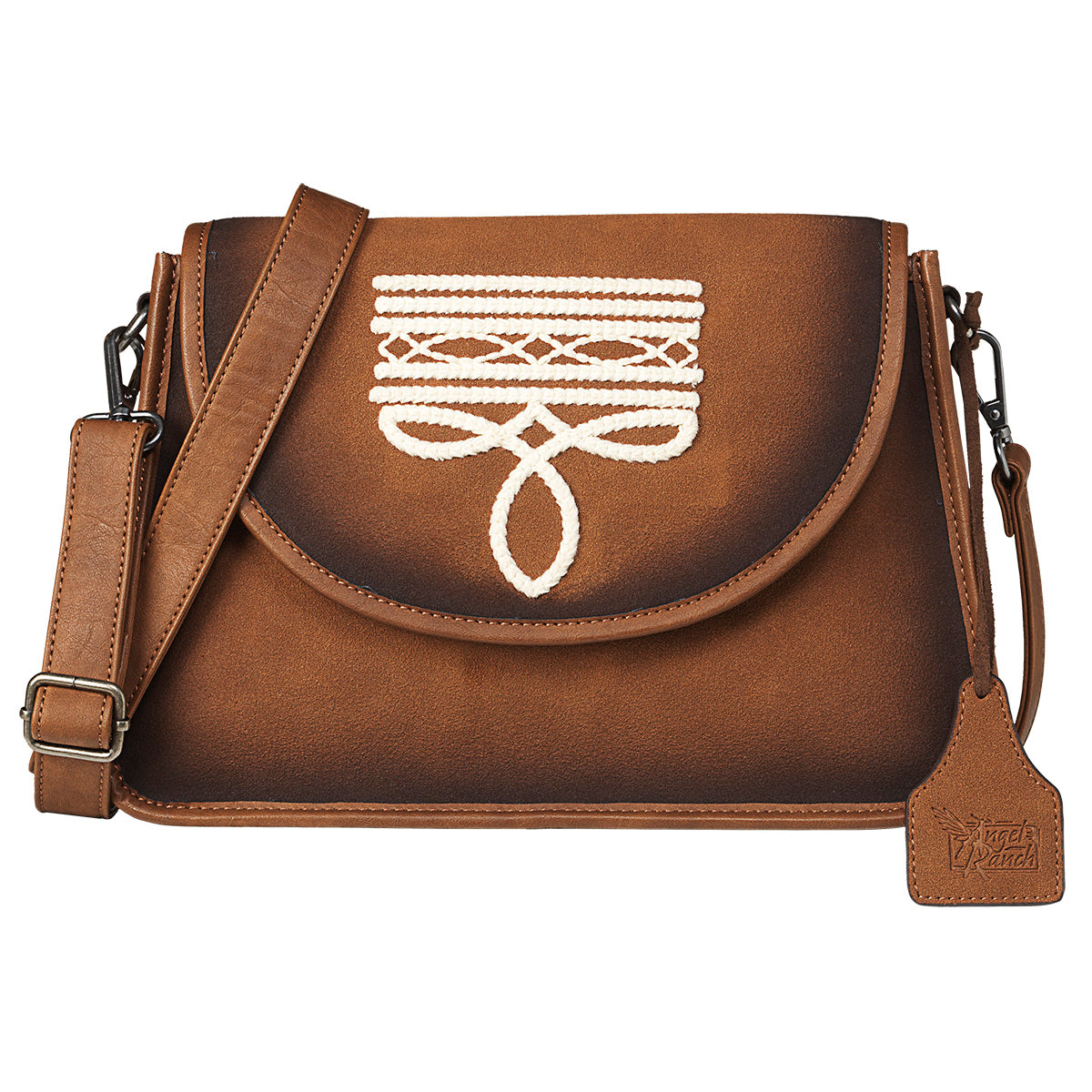 Angel Ranch Brown Maeve Collection Crossbody Bag in brown with embroidered flap detail and shoulder strap