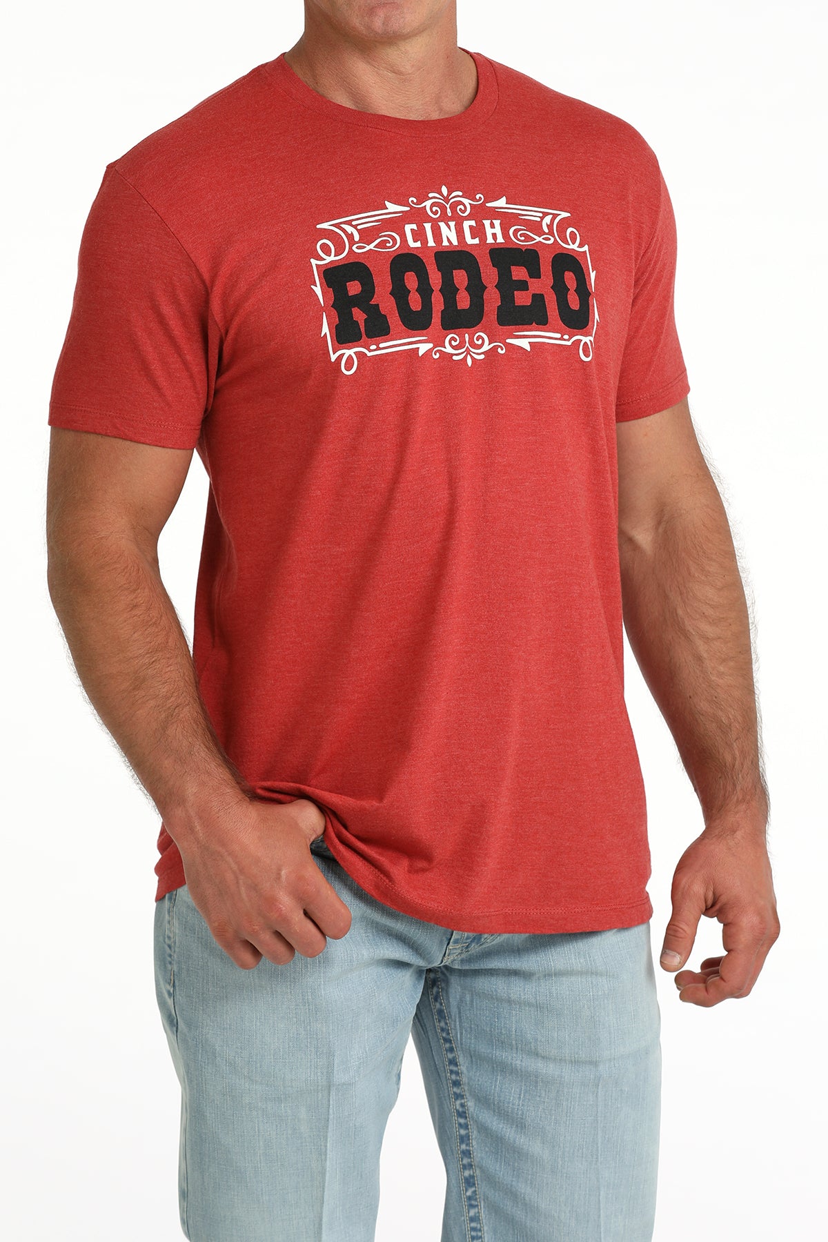 Cinch Men’s Short Sleeve Rodeo Tee angled front view on model in red