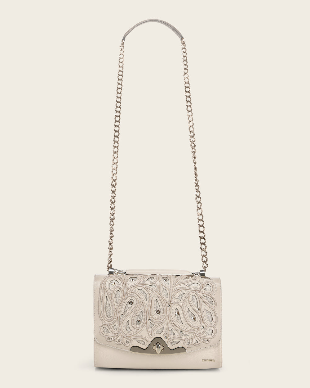 Cuadra Women’s Beige Bovine Leather Shoulder Bag Clutch front view in beige leather with crystal detail