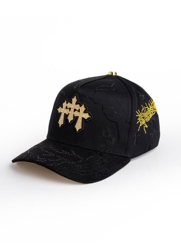 Kevin Hats Tres Cruces Gold Hat angled front view in black