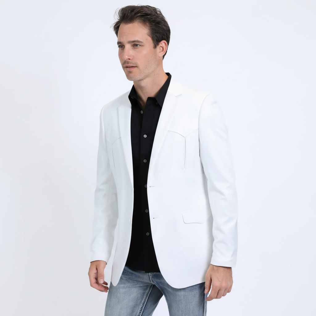 Men's Double Button Western White Blazer