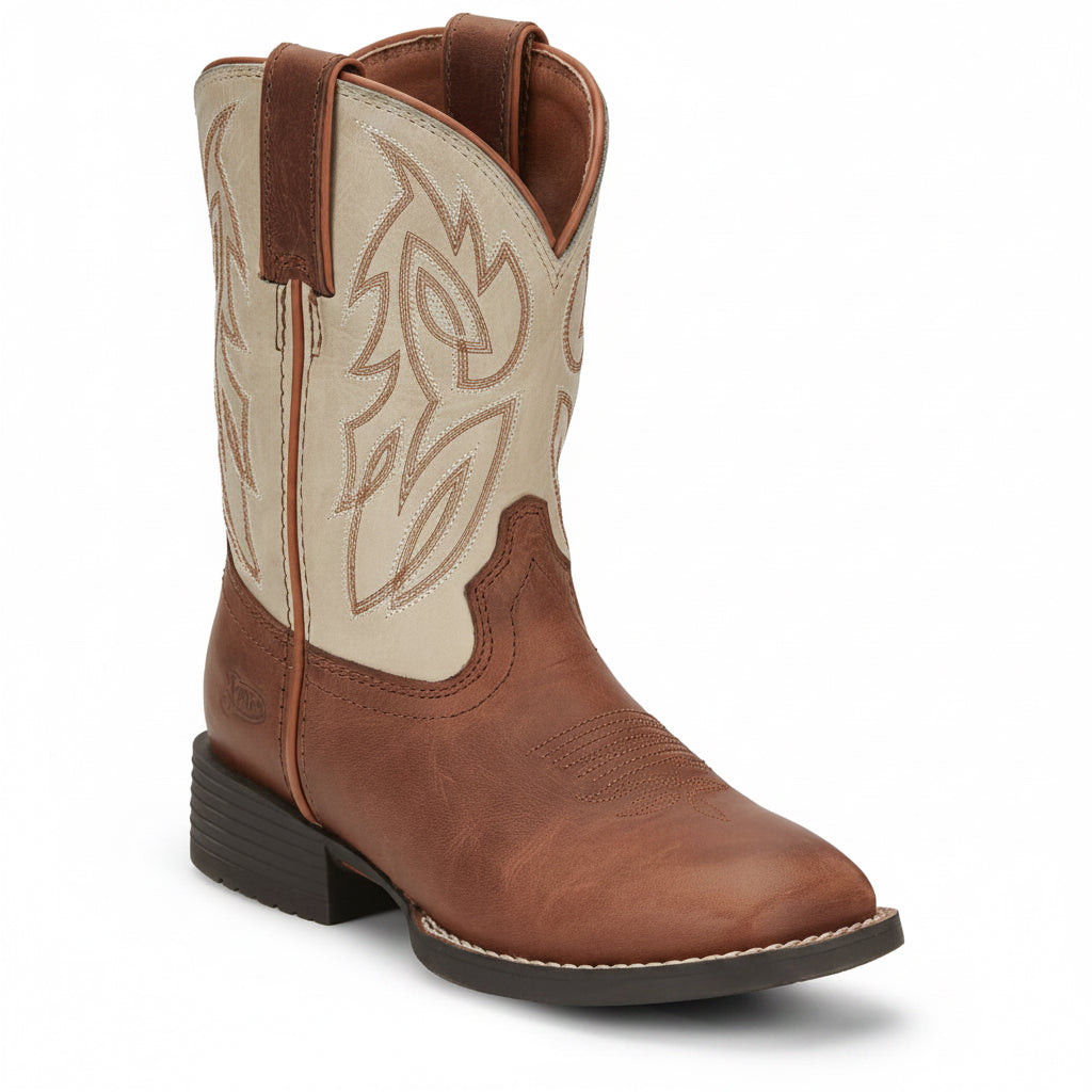 Justin Canter Junior Boot angled side view in brown and cream leather