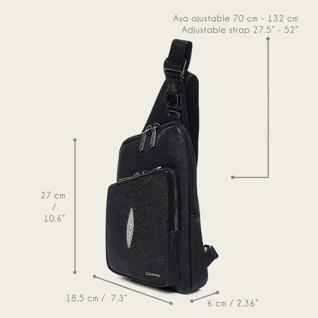Angled front view of Cuadra Black Stingray Zipper Bag Dimensions with textured front panel