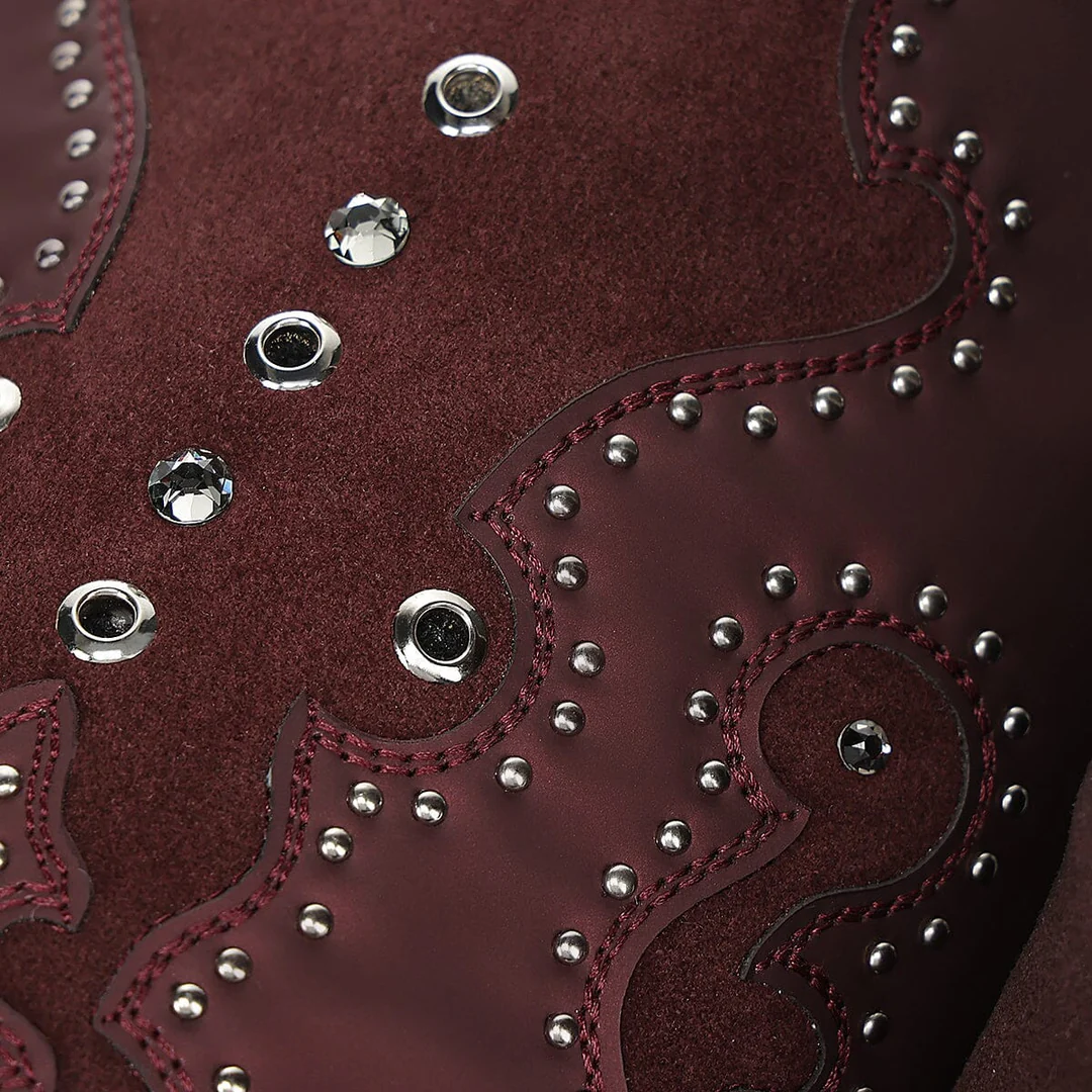 Close-up of crystal stud detail on Cuadra Wine Crystal Studded Pointed Toe Boot