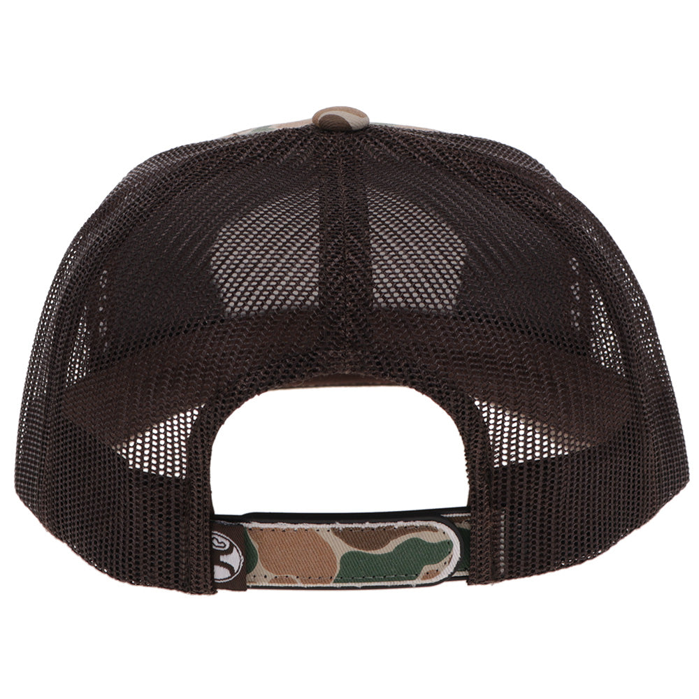 Hooey Outfitters Camo Brown Patch Hat back view with mesh back and snapback closure